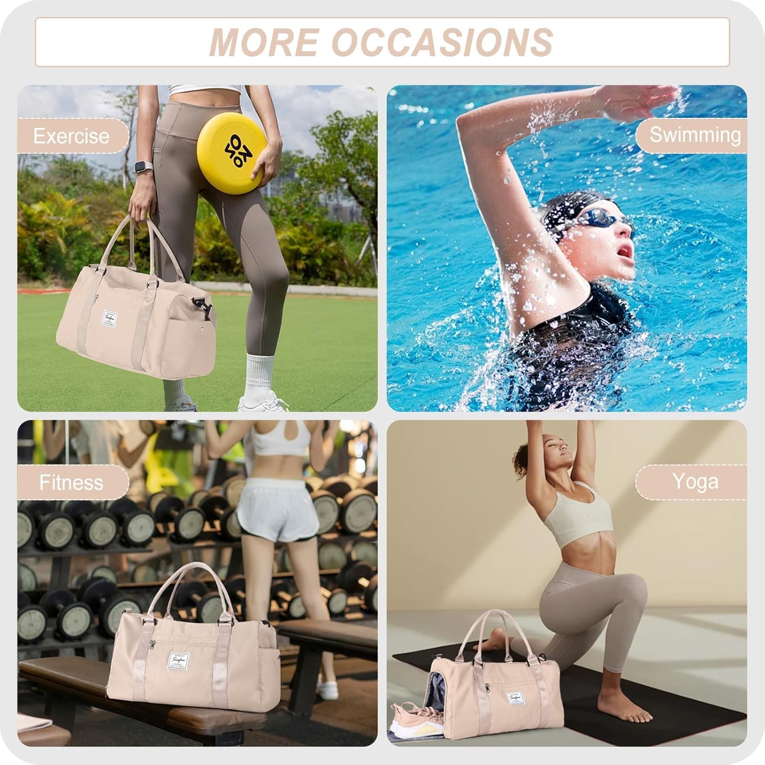 Sportsetasche Frauen, Sporttasche mit nasser Fach und Schuhfachfahrten Reisetaschen Duffel-Taschen über Nacht Tasche Leicht wasserdichte Sportbeutel Handgepäcktasche für Männer am Wochenende Training Schwimmen Yoga Wanderung, E-Beige. – Bild 7
