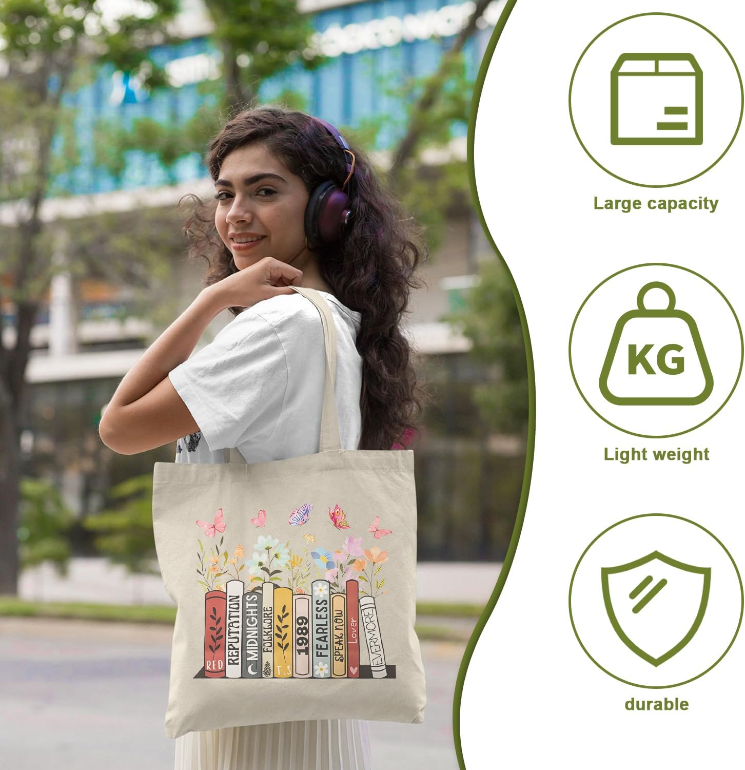 Fizdoqg bedrucktes TS -Leinwand Tasche Ästhetische Album Inspirierte Einkaufstasche Frauen personalisierte Leinwand Tasche Stofftasche gedrucktes Taschen mit Singer -Fans, Beige, Beige, beige, beige, beige, beige, Beige – Bild 2