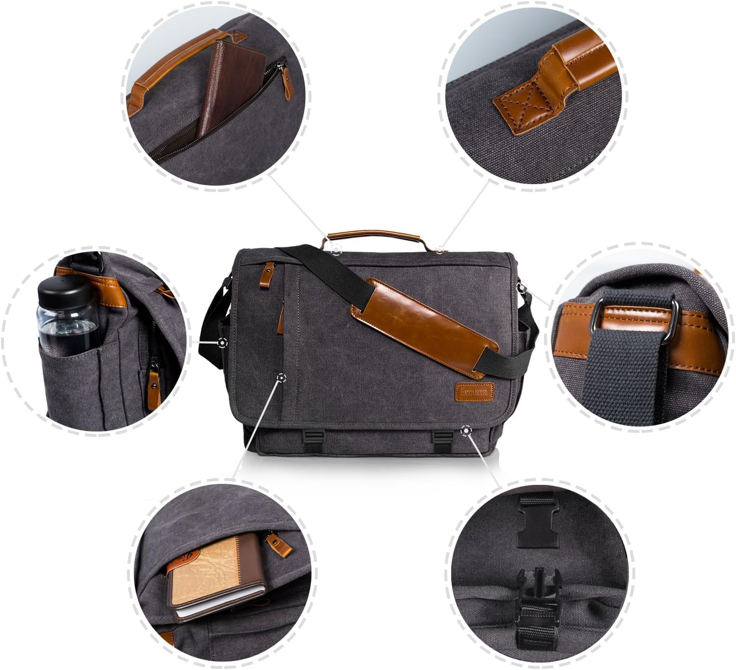 Estarer Carry Bag/Laptop -Tasche 14/15,6–17/17,3 Zoll für Arbeit, Universität, einfache Leinwand, Grau, Grau – Bild 7