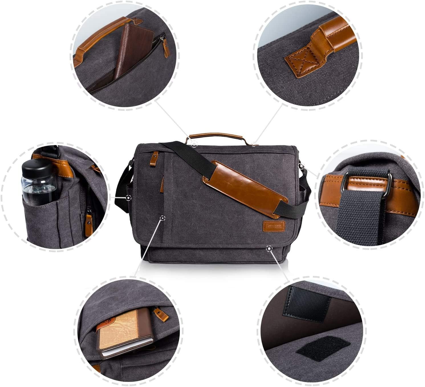 Estarer Carry Bag/Laptop -Tasche 14/15,6–17/17,3 Zoll für Arbeit, Universität, einfache Leinwand, Grau, Grau – Bild 7