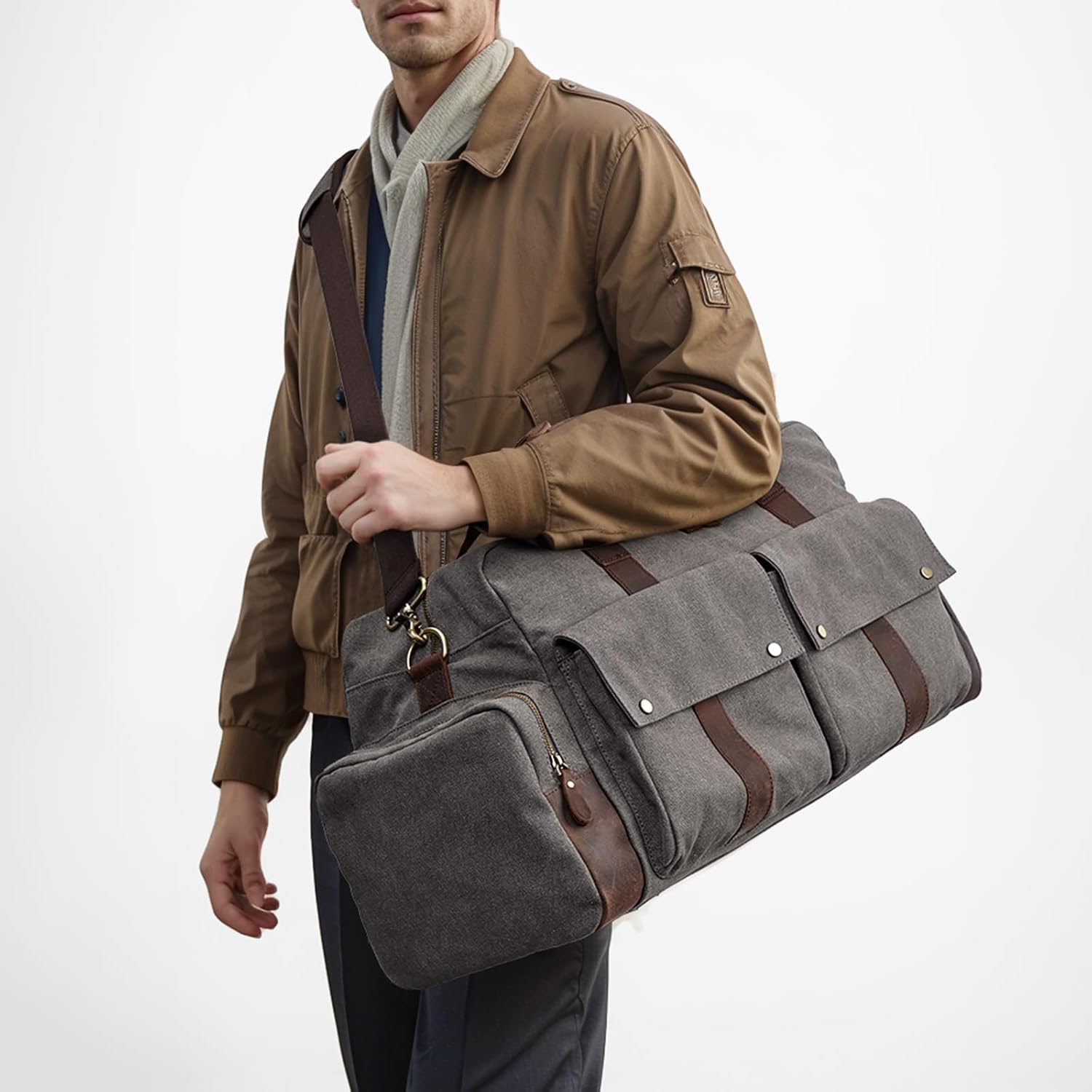 S-Zone Unisex 56L Reisetasche Vintage Leinwand Lederverkleidung über Nacht Weekender Bag Duffle Bag Handgepäck Sporttasche für Reisebühne am Wochenende Urlaub – Bild 2