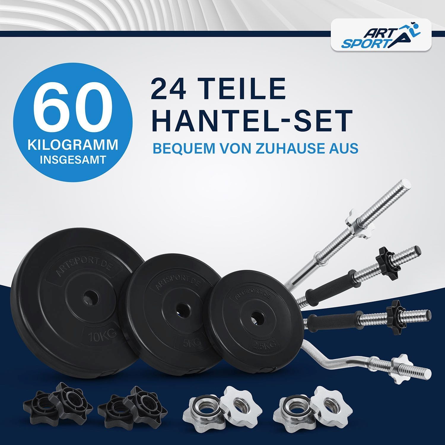 ArtSport 3 -in -1 -Hantel -Set mit 2 Hanteln, 1 Langhantel und 1 SZ Curl Langhantel - 12 Gewichte mit 60 kg und Spinlockkragen - Dumbbell Set Krafttraining – Bild 2