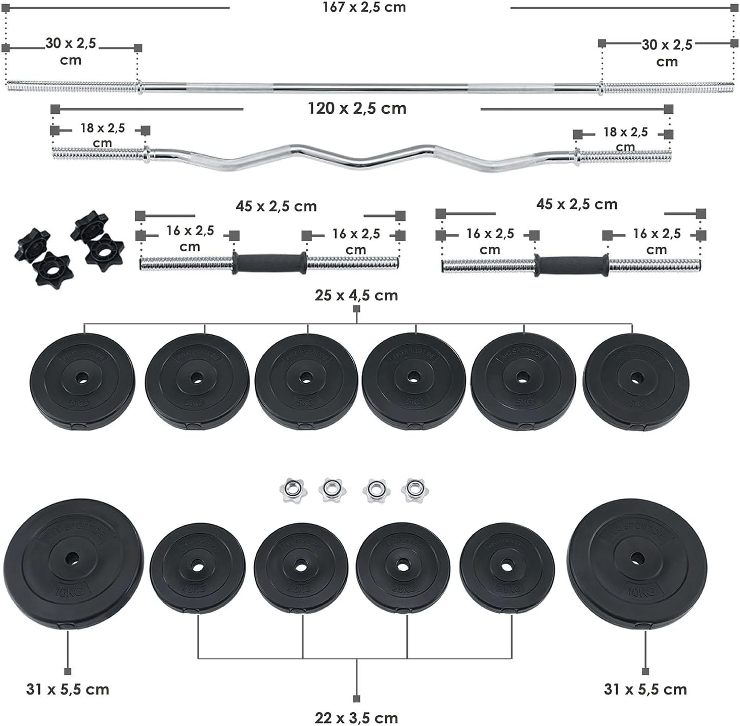ArtSport 3 -in -1 -Hantel -Set mit 2 Hanteln, 1 Langhantel und 1 SZ Curl Langhantel - 12 Gewichte mit 60 kg und Spinlockkragen - Dumbbell Set Krafttraining – Bild 7