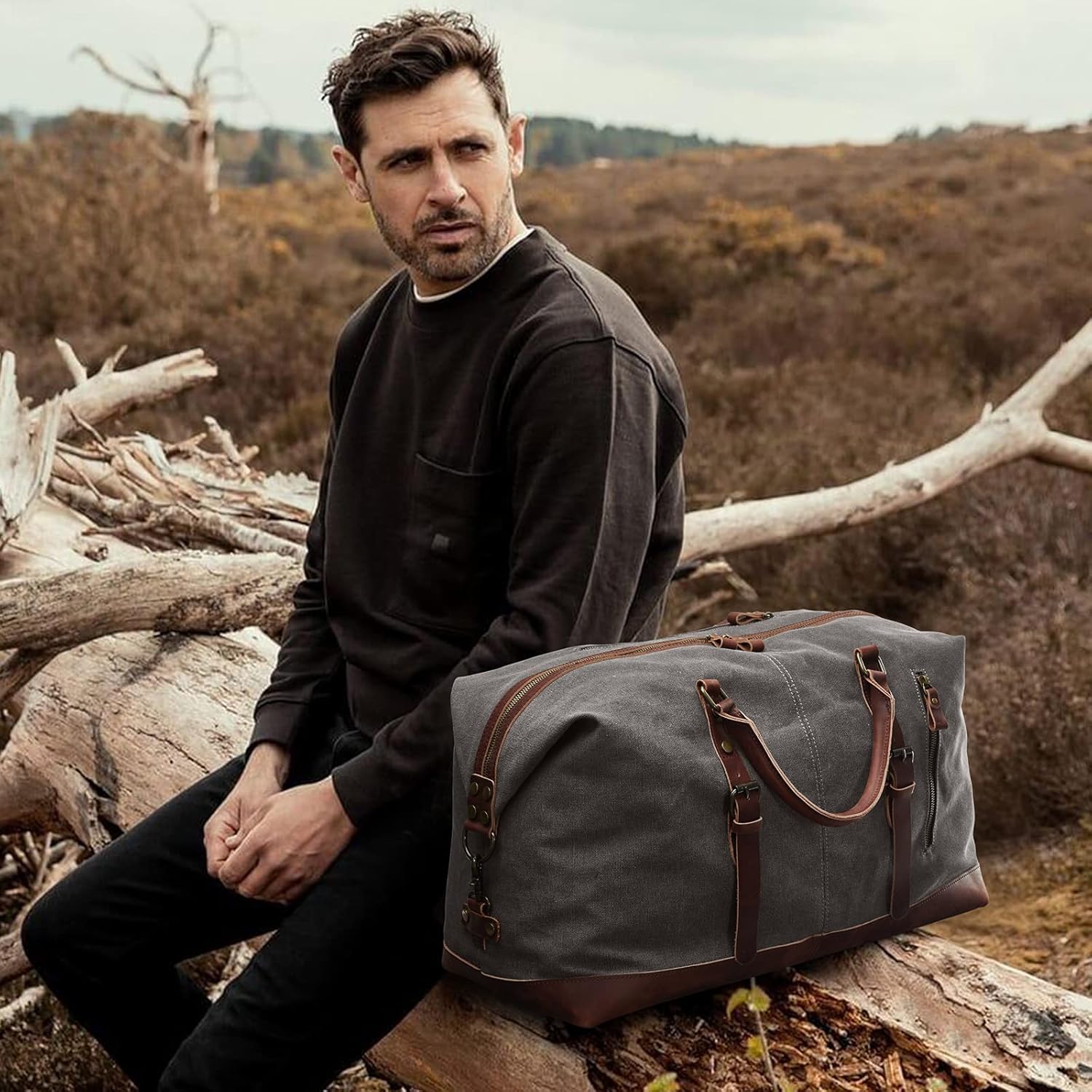 S-Zone large version vintage canvas leather unisex hand luggage travel bag, sports bag for travel on weekend, holidays, 52 litres updated. – Bild 2