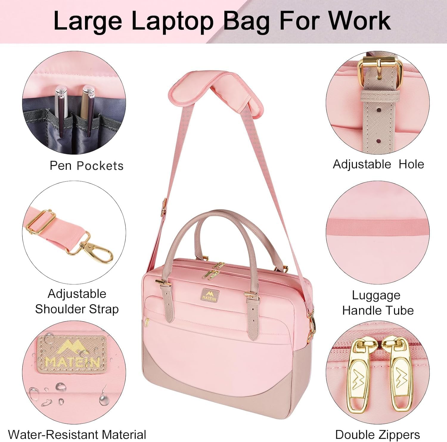 Matein Damen große Handtasche, Laptop -Tasche, 17,3 -Zoll -Arbeitsbeutel mit vielen Fächern, Messengerbeutel, Business -Tasche, Aktentasche, Bürobeutel, rosa Laptop -Tasche, Umhängetasche für Schule, Reisen, Rosa – Bild 3