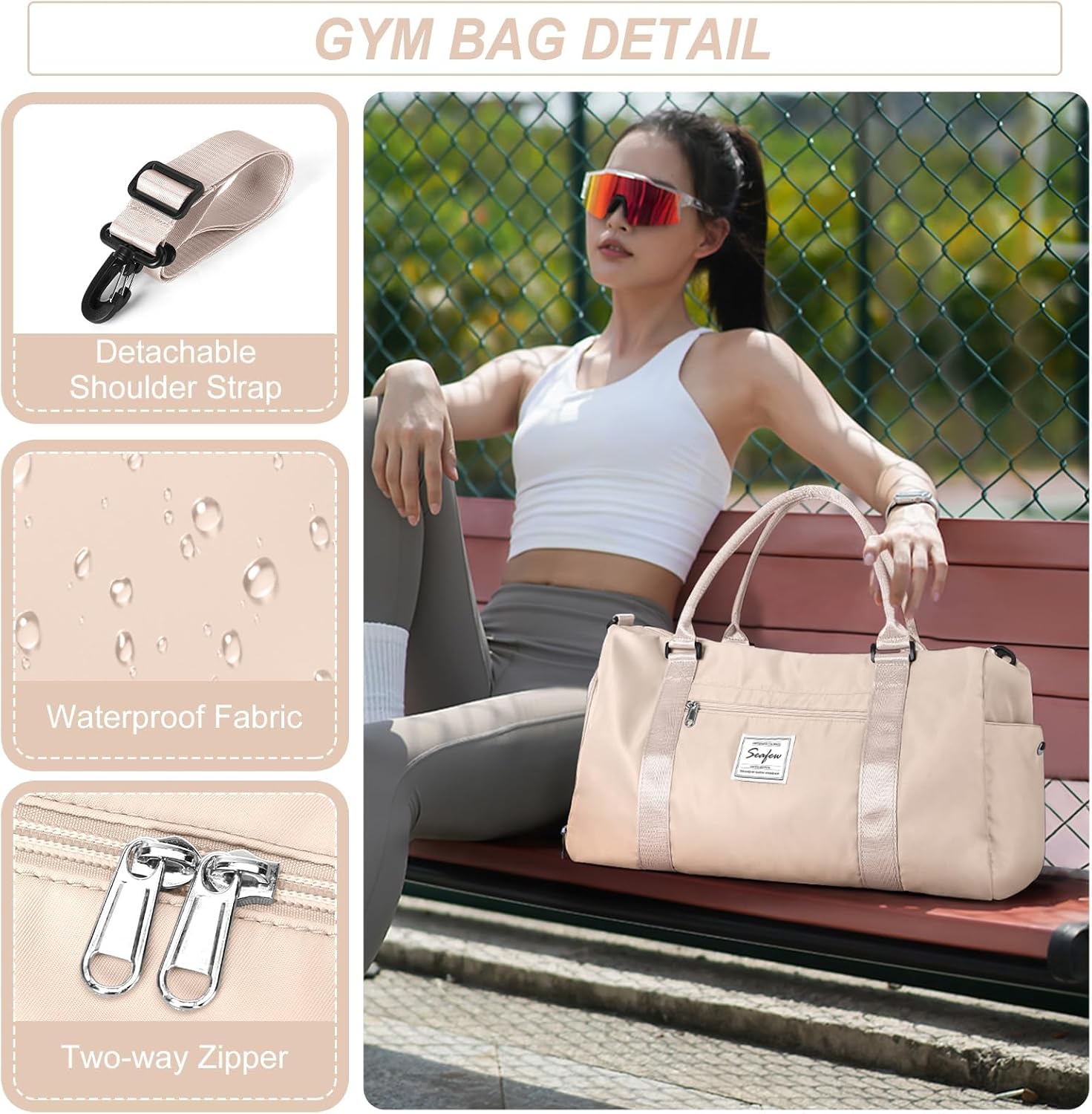 Sportsetasche Frauen, Sporttasche mit nasser Fach und Schuhfachfahrten Reisetaschen Duffel-Taschen über Nacht Tasche Leicht wasserdichte Sportbeutel Handgepäcktasche für Männer am Wochenende Training Schwimmen Yoga Wanderung, E-Beige. – Bild 4
