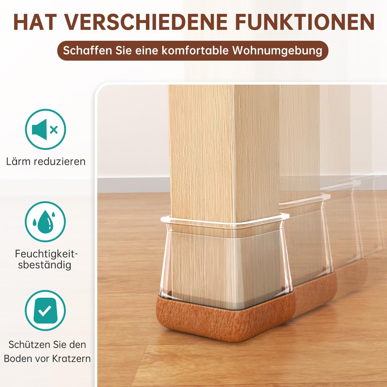 Square Stuhl Beinkappen, 32 Stücke, Bodenschutz für Stühle, Schutzkappen für Stuhlbeine mit Filz, transparenten Silikonstuhl -Beinschutz für Holzböden. – Bild 5