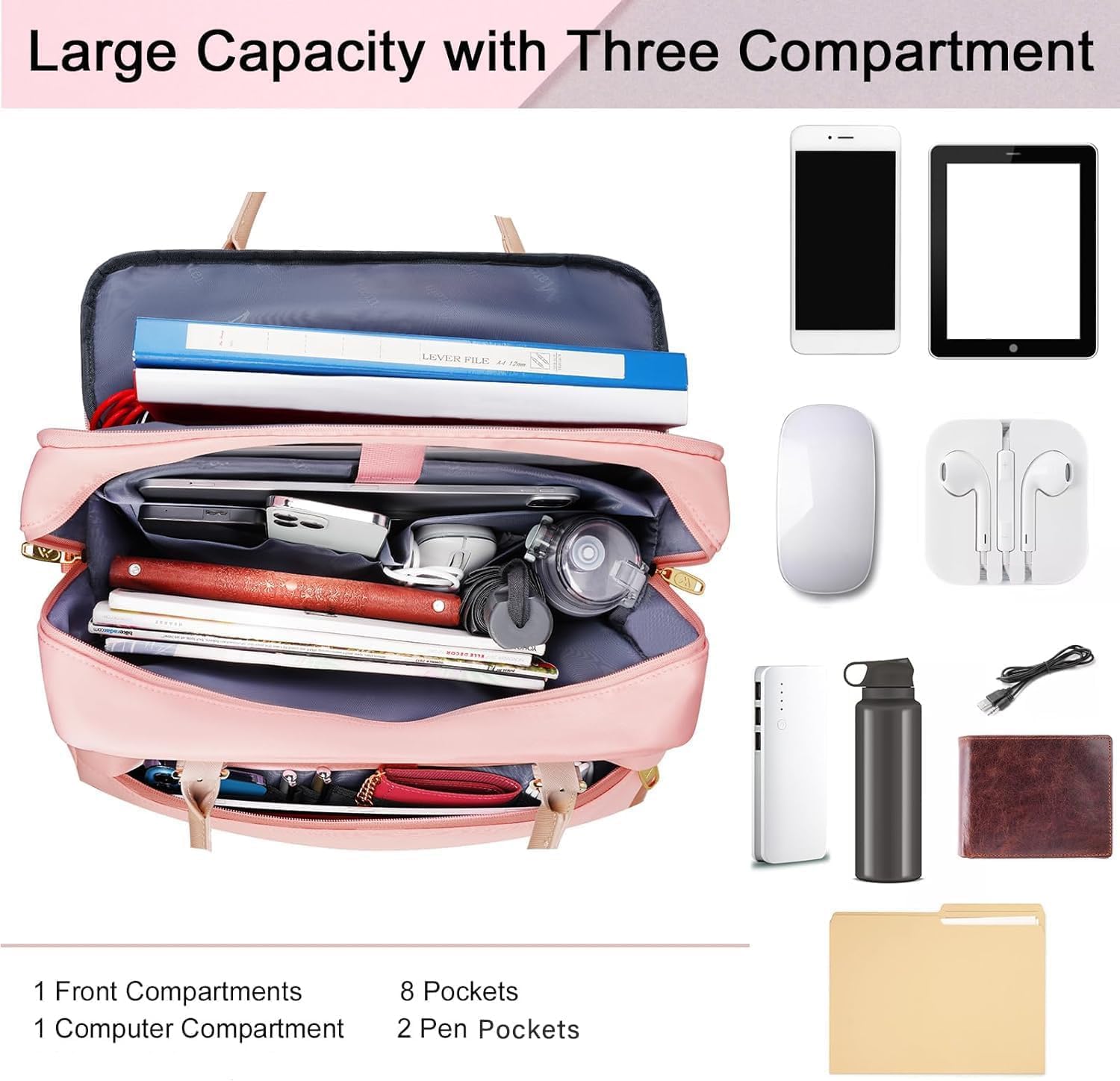 Matein Damen große Handtasche, Laptop -Tasche, 17,3 -Zoll -Arbeitsbeutel mit vielen Fächern, Messengerbeutel, Business -Tasche, Aktentasche, Bürobeutel, rosa Laptop -Tasche, Umhängetasche für Schule, Reisen, Rosa – Bild 6