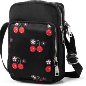 Frauen Mädchen kleiner Umhängetaschen Stofftasche Mobilfunkkoffer zum Aufhängen mit süßem Muster, 3 Fächern und langem Riemen, schwarz mit Kirsche, minimal