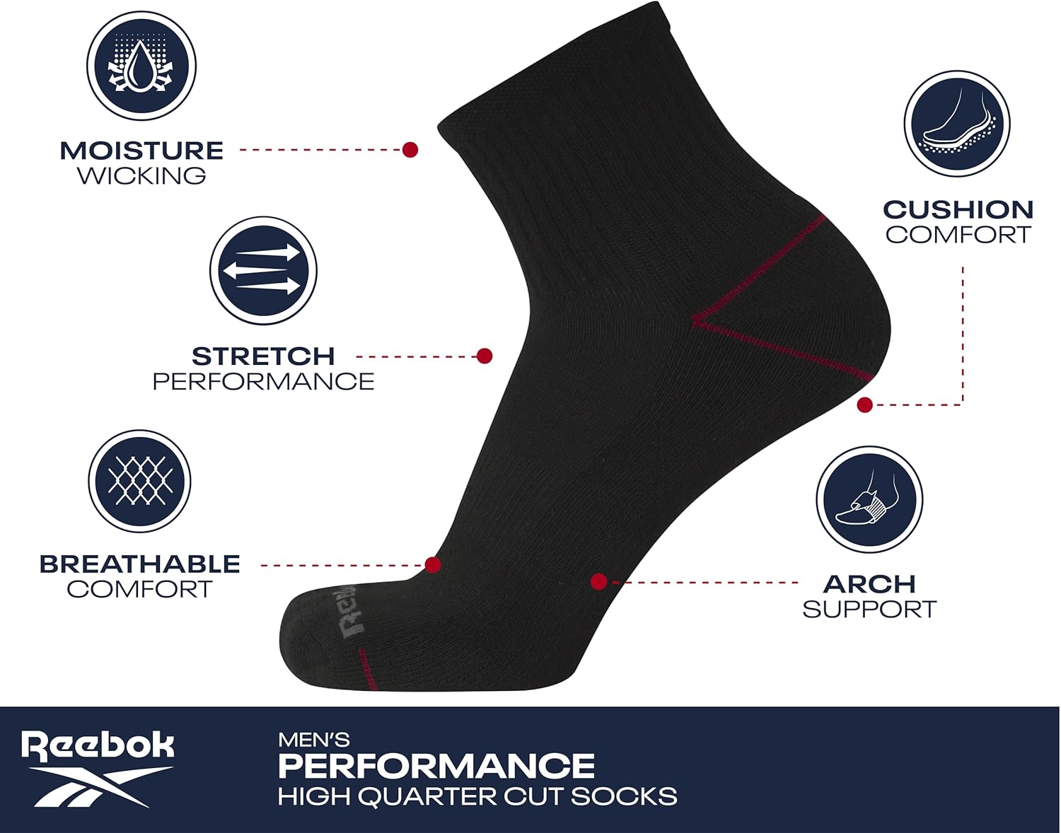 Reebok Herren Sports Socken - Kissen Hochviertel -Socken (Packung von 6) – Bild 3