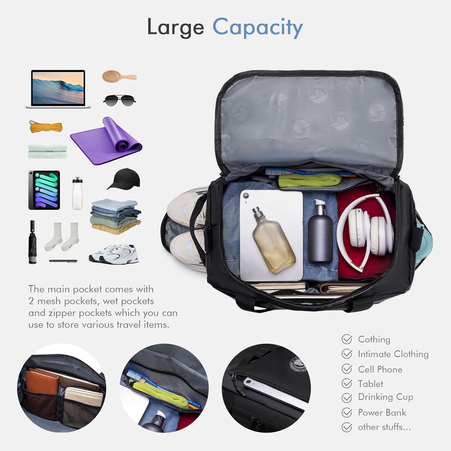 Bagzy Wizzair Sports Bag Reisetasche Männer 40 x 30 x 20 cm Handgepäck mit Schuhfachfonds WASHEM WASHEROf Trainingsbeutel Fitness Bag Weekender Reise -Fitness -Tasche Duffle Tasche, Schwarz – Bild 3