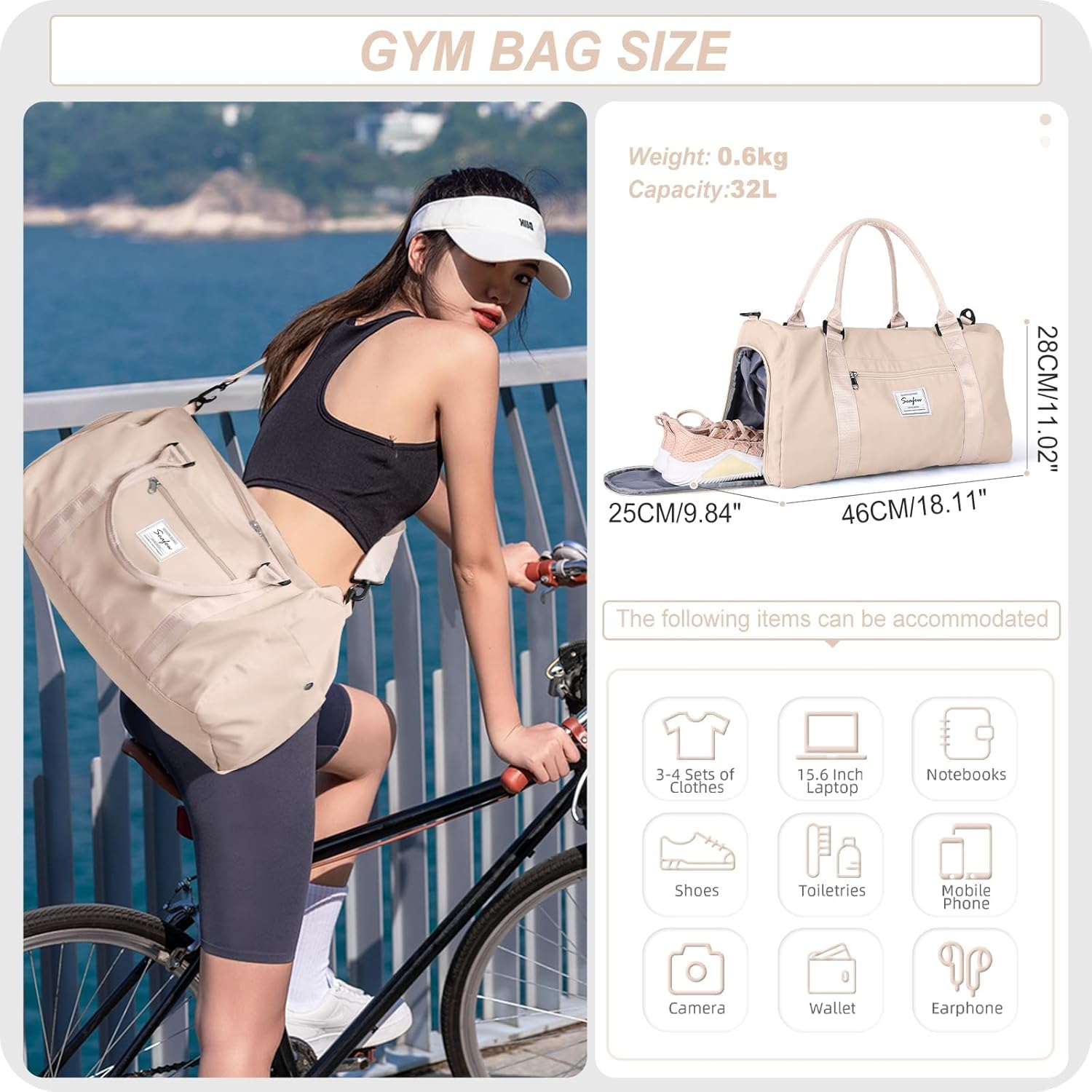 Sportsetasche Frauen, Sporttasche mit nasser Fach und Schuhfachfahrten Reisetaschen Duffel-Taschen über Nacht Tasche Leicht wasserdichte Sportbeutel Handgepäcktasche für Männer am Wochenende Training Schwimmen Yoga Wanderung, E-Beige. – Bild 2