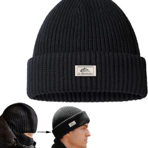 Bdshunbf Winterhut, dehnbar gestrickte Mütze Hut, Frauen Männer weich war warmes Manschettenbohnenhüte, Unisex Hut und Maske 2 in 1, Schwarz