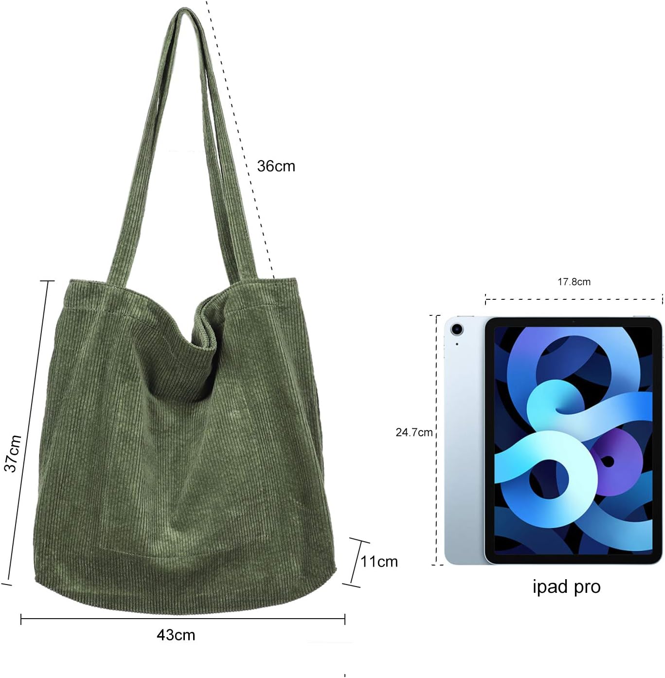 Detercycle Damen große Kapazität Cord -Umhängetasche, Retro -Handtasche für den täglichen Gebrauch, Büro, Schulausflug und Einkaufen, Armeegrün, L, – Bild 2