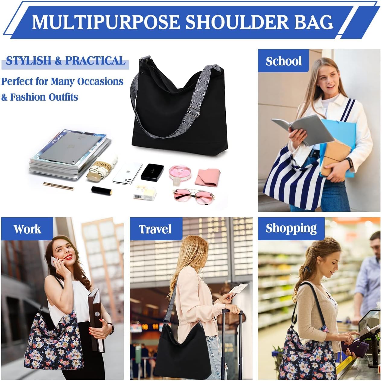 Vx vonxury crossbody Bag Frauen große Reißverschluss -Leinwand Hobo -Tasche mit verstellbarer Gurt Umhängetasche wiederverwendbare Einkaufsbeutel für Schulreisen Teen Teen Girls Girls – Bild 5