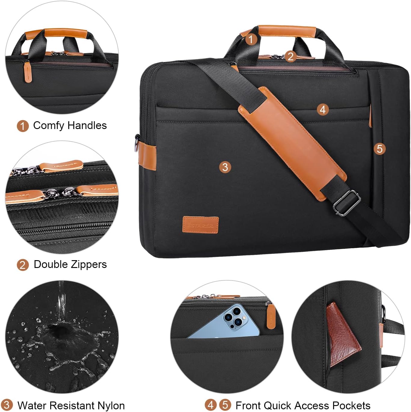 Estarer Cabrio Rucksack Laptop Bag Umhängetasche 17/17,3 Zoll Business -Tasche für Büro/Schule/Reisen Schwarz, Schwarz, Geschäft – Bild 5