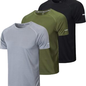 Gaatiger Pack von 3 Sport-T-Shirts, Herren-Funktionshemd, Sporthemd, schnell trocknetem, atmungsaktivem Trainingshemd, Herren-Running-Shirt, Kurzarm, schwarze graue Marine