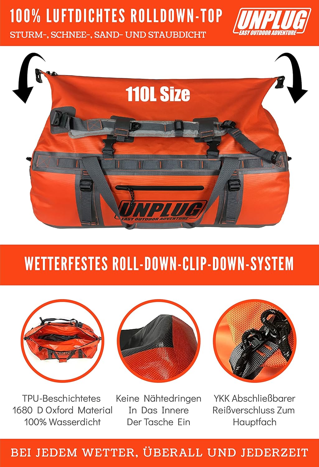 Unplug Ultimate Adventure Bag, wasserdichte Reisetasche Rucksack, 1680d Heavy Duffel Bag wasserdicht für Camping, Motorrad, wasserdicht – Bild 3