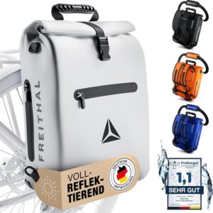 Freithal-voll reflektierender 3-in-1-Fahrradbeutel [25L] – Kann als Pannier -Rack -Beutel, Rucksack und Umhängetasche verwendet werden – 100% wasserdicht und reflektierender Fahrradbeutel -Rucksack – mit einem 16 -Zoll -Laptop -Fach