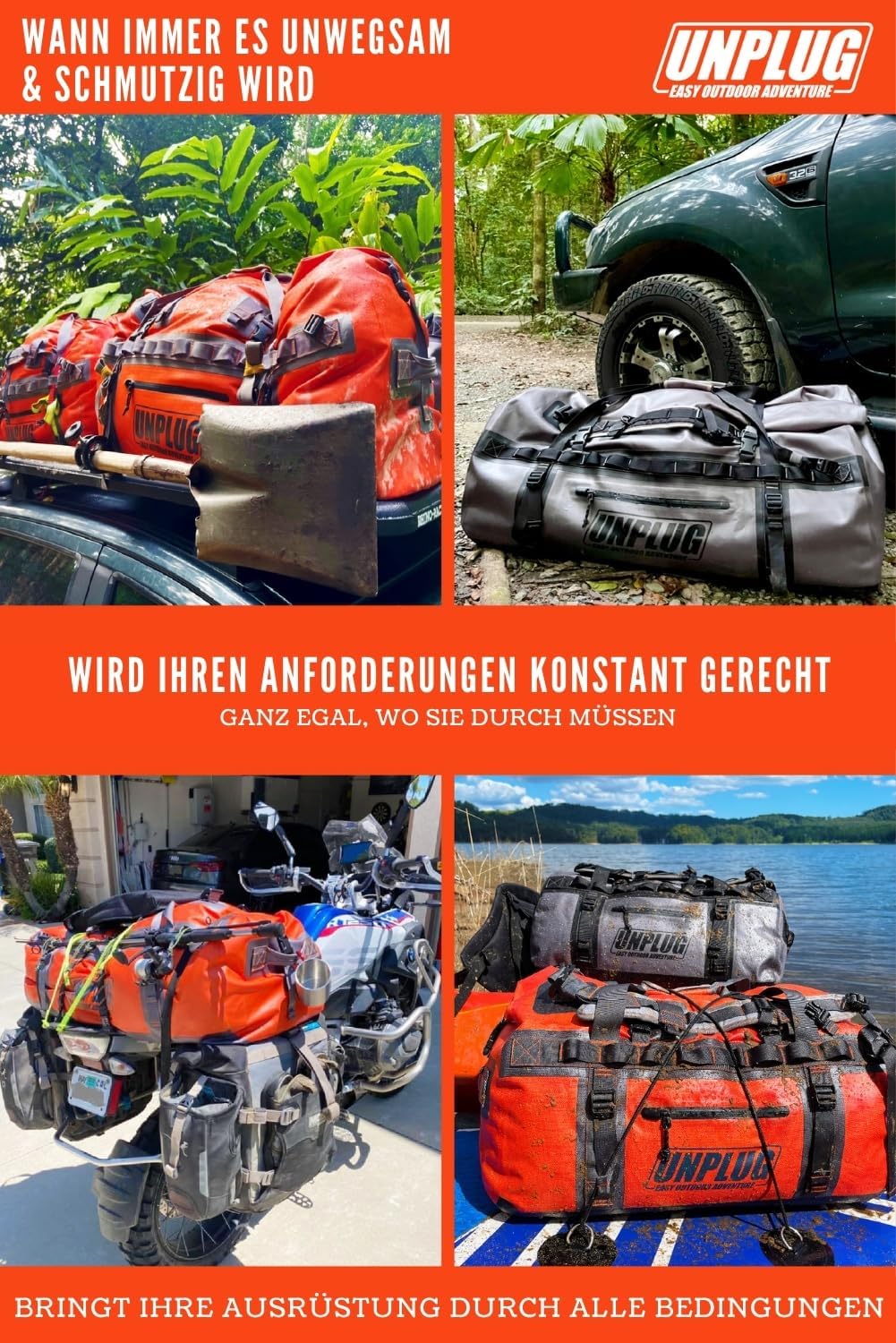 Unplug Ultimate Adventure Bag, wasserdichte Reisetasche Rucksack, 1680d Heavy Duffel Bag wasserdicht für Camping, Motorrad, wasserdicht – Bild 7