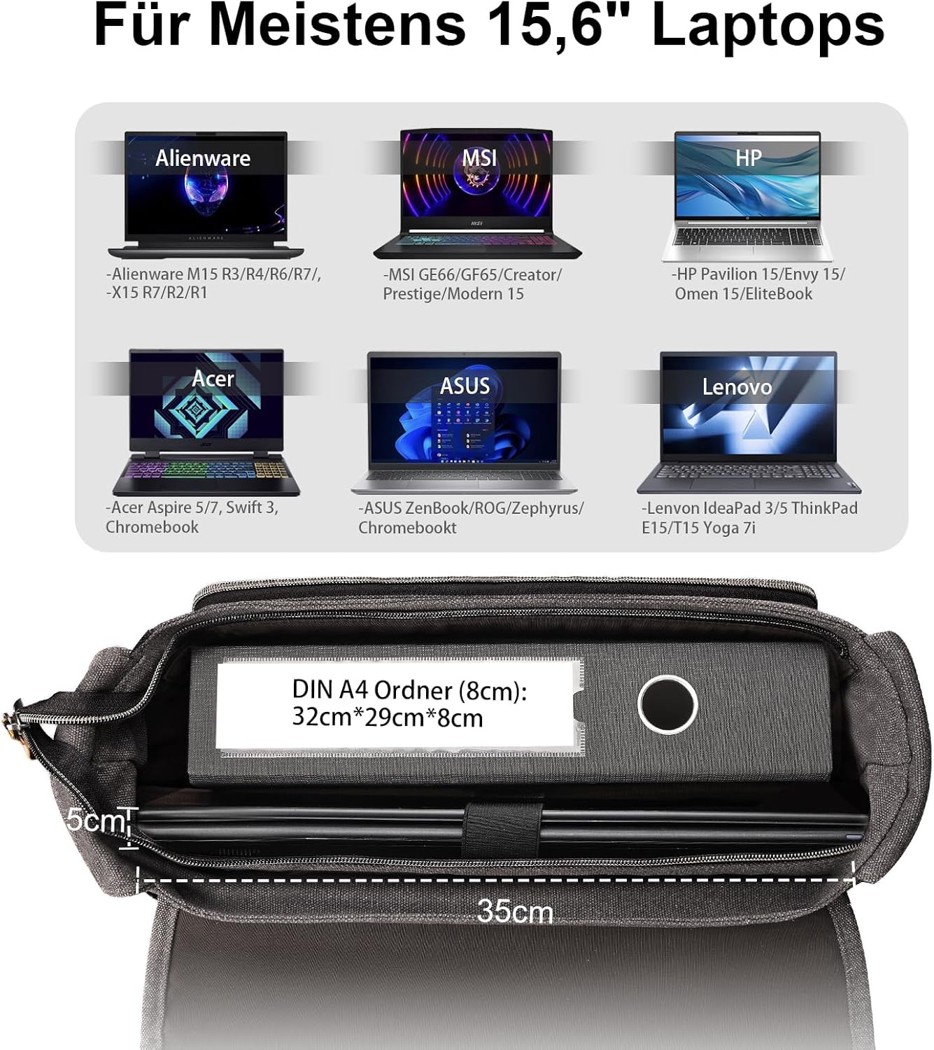 Estarer Carry Bag/Laptop -Tasche 14/15,6–17/17,3 Zoll für Arbeit, Universität, einfache Leinwand, Grau, Grau – Bild 6