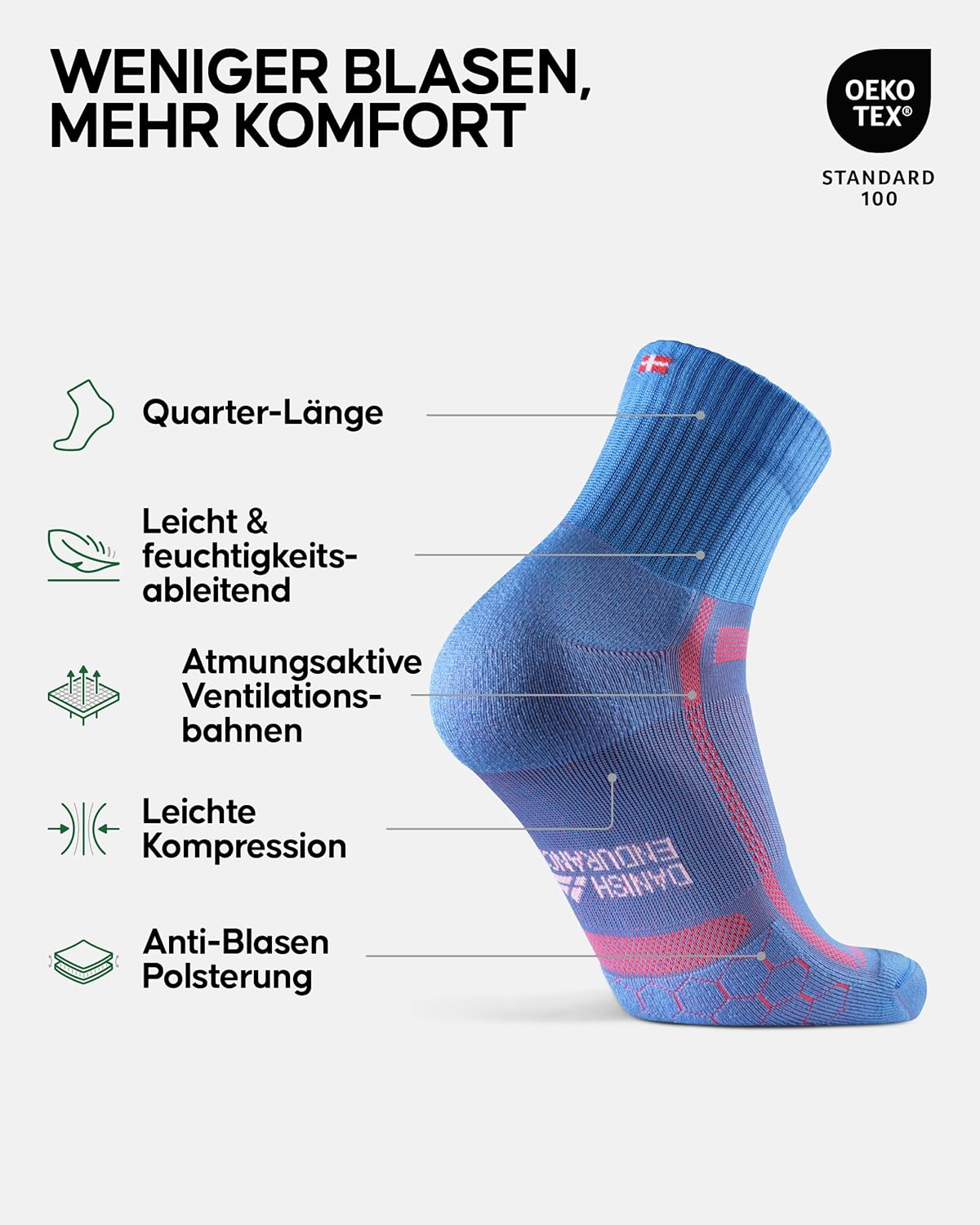 Dänische Ausdauer Viertel Laufsocken, 3 Paare Knöchel -High -Sports -Socken, leichte Komprimierung, atmungsaktiv und gepolstert, Unisex, für Männer und Frauen – Bild 2