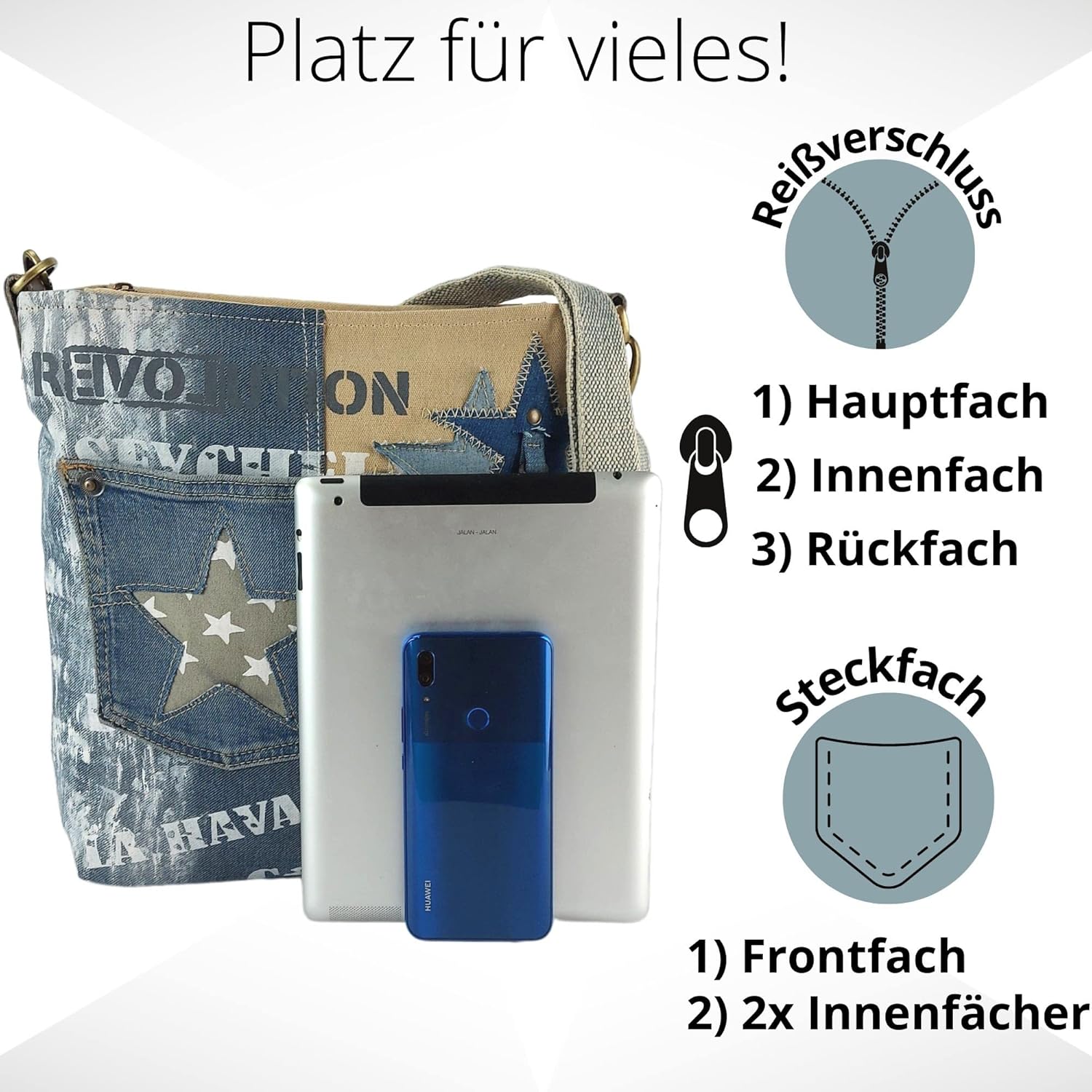 Sunsa Frauentasche. Nachhaltige Umhängetasche. Recycelte Jeans & Canvas -Umhängetasche im Vintage -Stil mit Stern. Crossover -Beutel, Blau / Beige – Bild 6