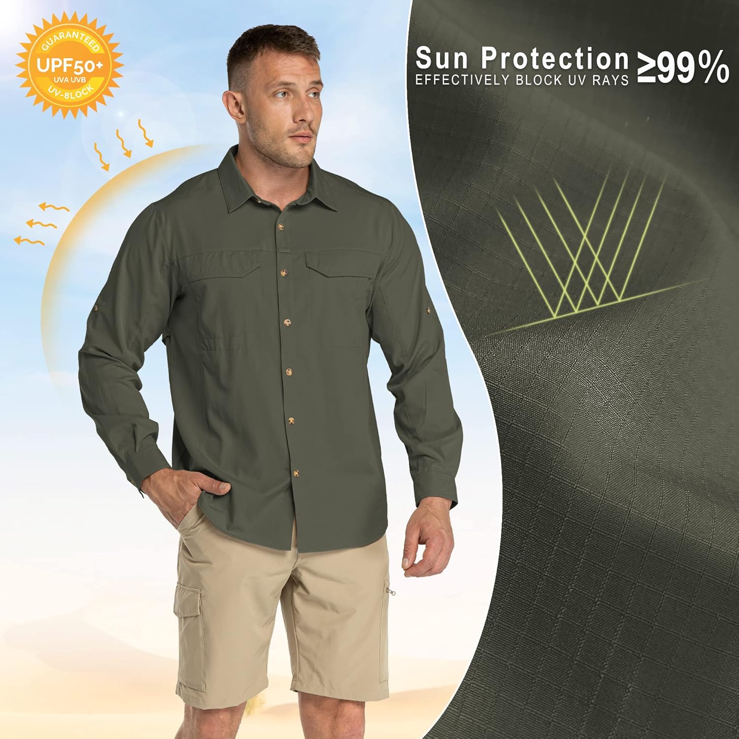 33.000 Fuß funktionelles Hemd Männer upf50+ UV-Schutz Langarm Hemd Atmungsaktives Button-Down-Shirt Outdoor Sporty Casos Hemdshemd für Männer – Bild 7