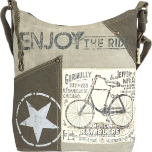 Sunsa Women’s Shoulder Bag Hobo Bag Made of Canvas/Canvas & Leather Large Vintage Style Crossbody Bag with Bicycle Motifs for Bicycle Lovers. Sustainable Handbag as Gift Ideas, Beige Khaki Green