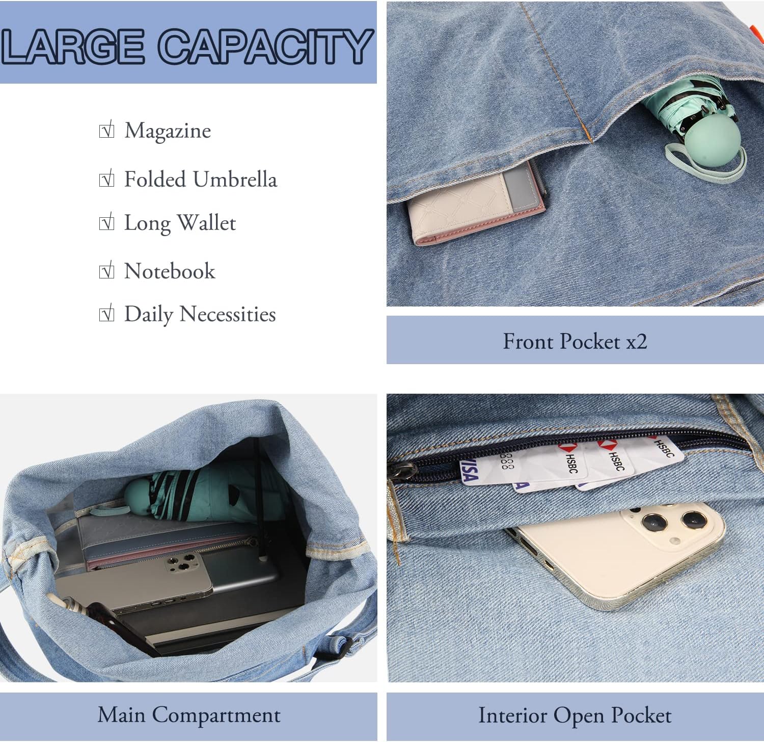 Lhhmz Denim Hobo Taschen für Frauen Retro Jeans Umhängetasche Freizeit Jeans Tasche Handtaschen Umhängetasche für Frauen, hellblau, Retro – Bild 3