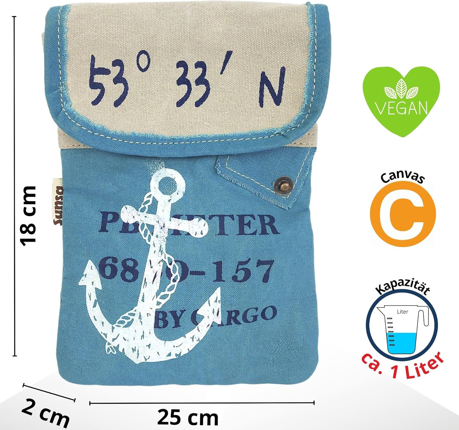 Sunsa Damen Maritim/Anker Design Umhängetasche. Kleine Canvas Messenger Tasche. Vegan Crossover Bag. Schultertasche für Meerliebhaber – Bild 2