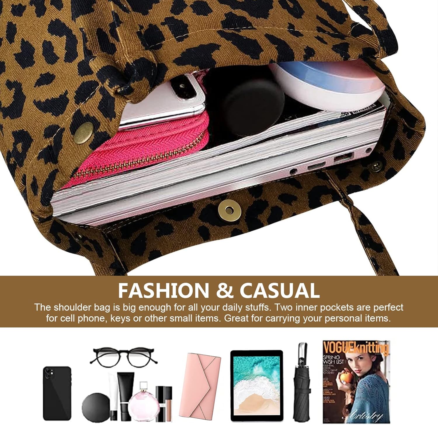 Fitdon Cord Umhängetasche, groß, Frauenumhängetasche, Leinwandtasche, Tasche Handtasche für jeden Tag, Büro, Schulreise und Einkaufen – Bild 3