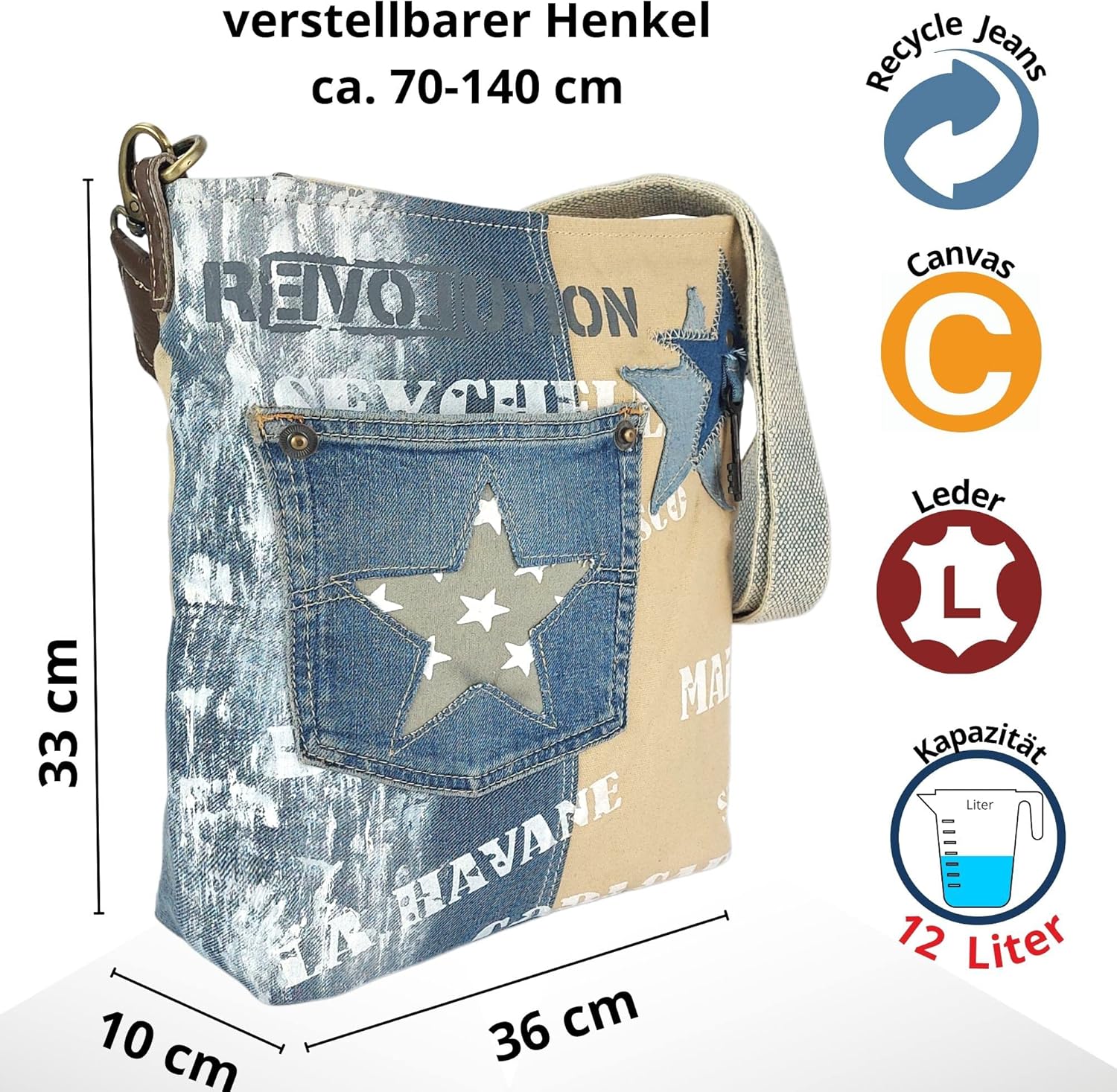 Sunsa Frauentasche. Nachhaltige Umhängetasche. Recycelte Jeans & Canvas -Umhängetasche im Vintage -Stil mit Stern. Crossover -Beutel, Blau / Beige – Bild 2