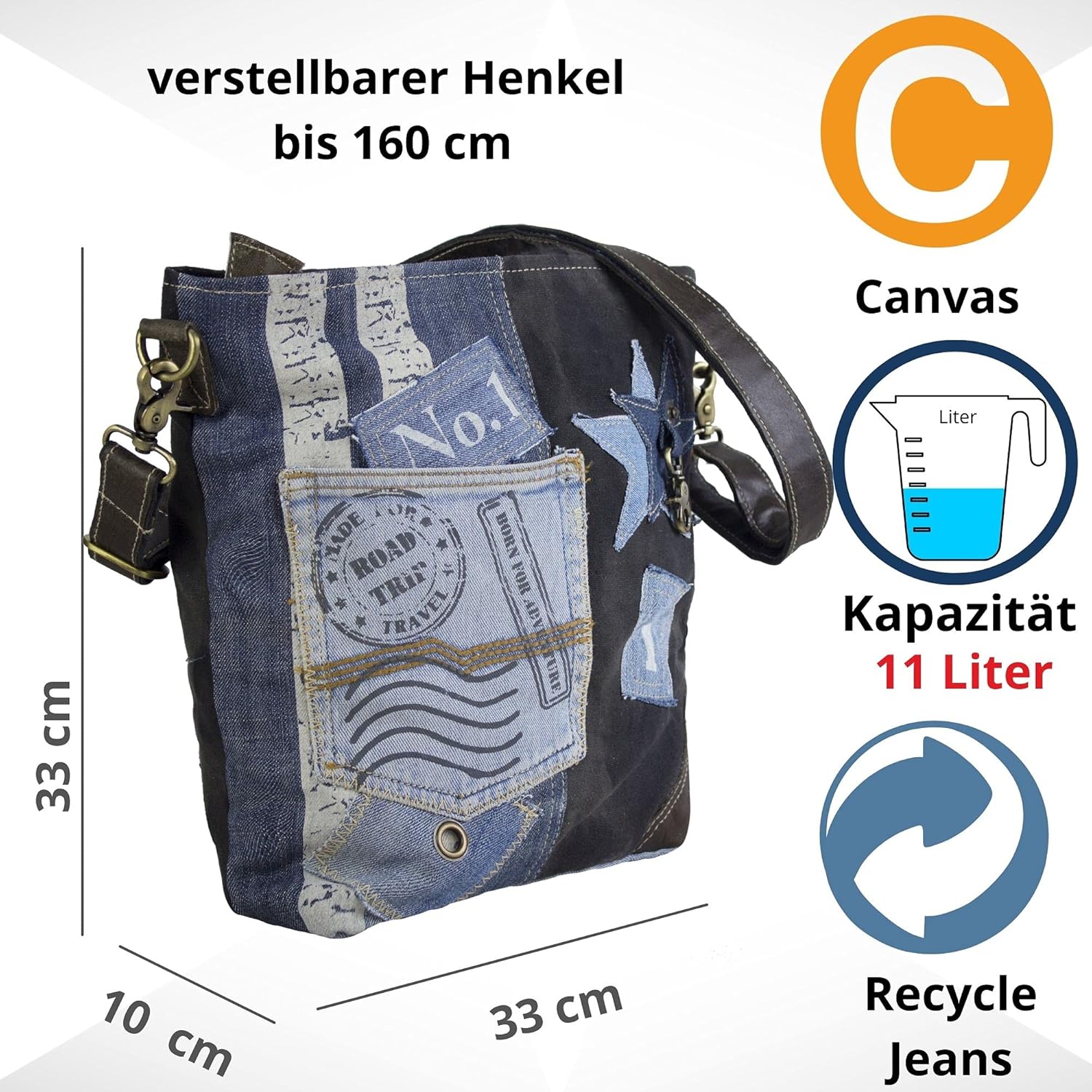 Sunsa Frauentasche nachhaltige Umhängetasche Handtasche aus recycelten Jeans, Leinwand und Lederumhängetasche Frauenbeutel im Vintage -Stil Crossover -Tasche mit Stern, Jeans Farbe, Retro – Bild 3