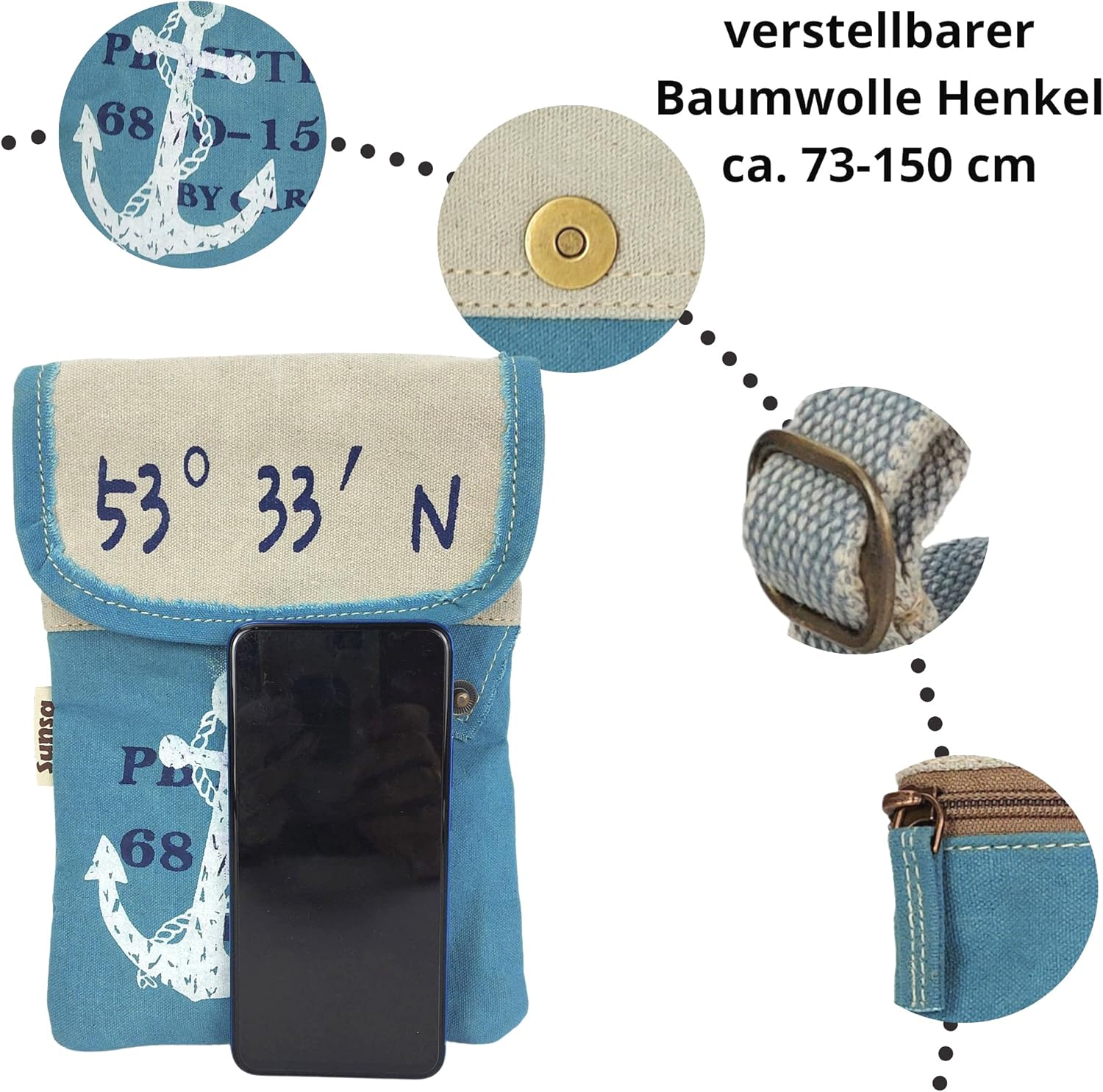 Sunsa Damen Maritim/Anker Design Umhängetasche. Kleine Canvas Messenger Tasche. Vegan Crossover Bag. Schultertasche für Meerliebhaber – Bild 6