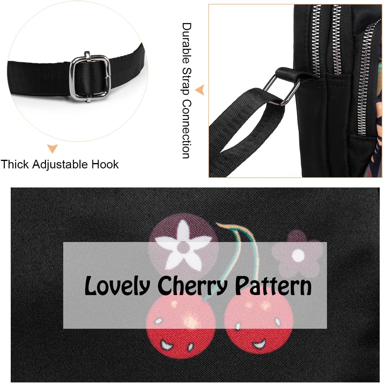 Frauen Mädchen kleiner Umhängetaschen Stofftasche Mobilfunkkoffer zum Aufhängen mit süßem Muster, 3 Fächern und langem Riemen, schwarz mit Kirsche, minimal – Bild 6