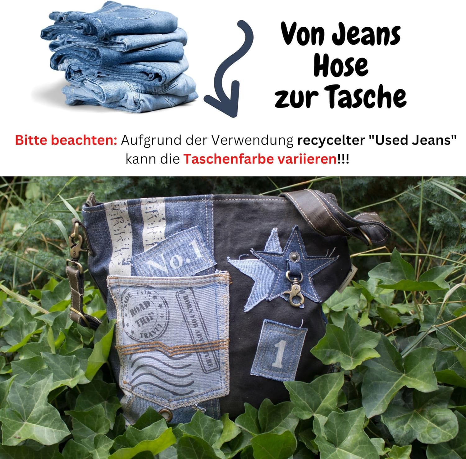 Sunsa Frauentasche nachhaltige Umhängetasche Handtasche aus recycelten Jeans, Leinwand und Lederumhängetasche Frauenbeutel im Vintage -Stil Crossover -Tasche mit Stern, Jeans Farbe, Retro – Bild 6