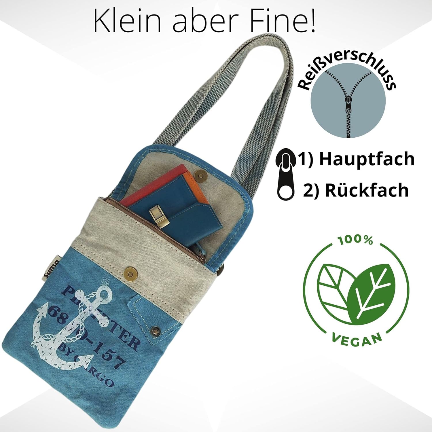 Sunsa Damen Maritim/Anker Design Umhängetasche. Kleine Canvas Messenger Tasche. Vegan Crossover Bag. Schultertasche für Meerliebhaber – Bild 5
