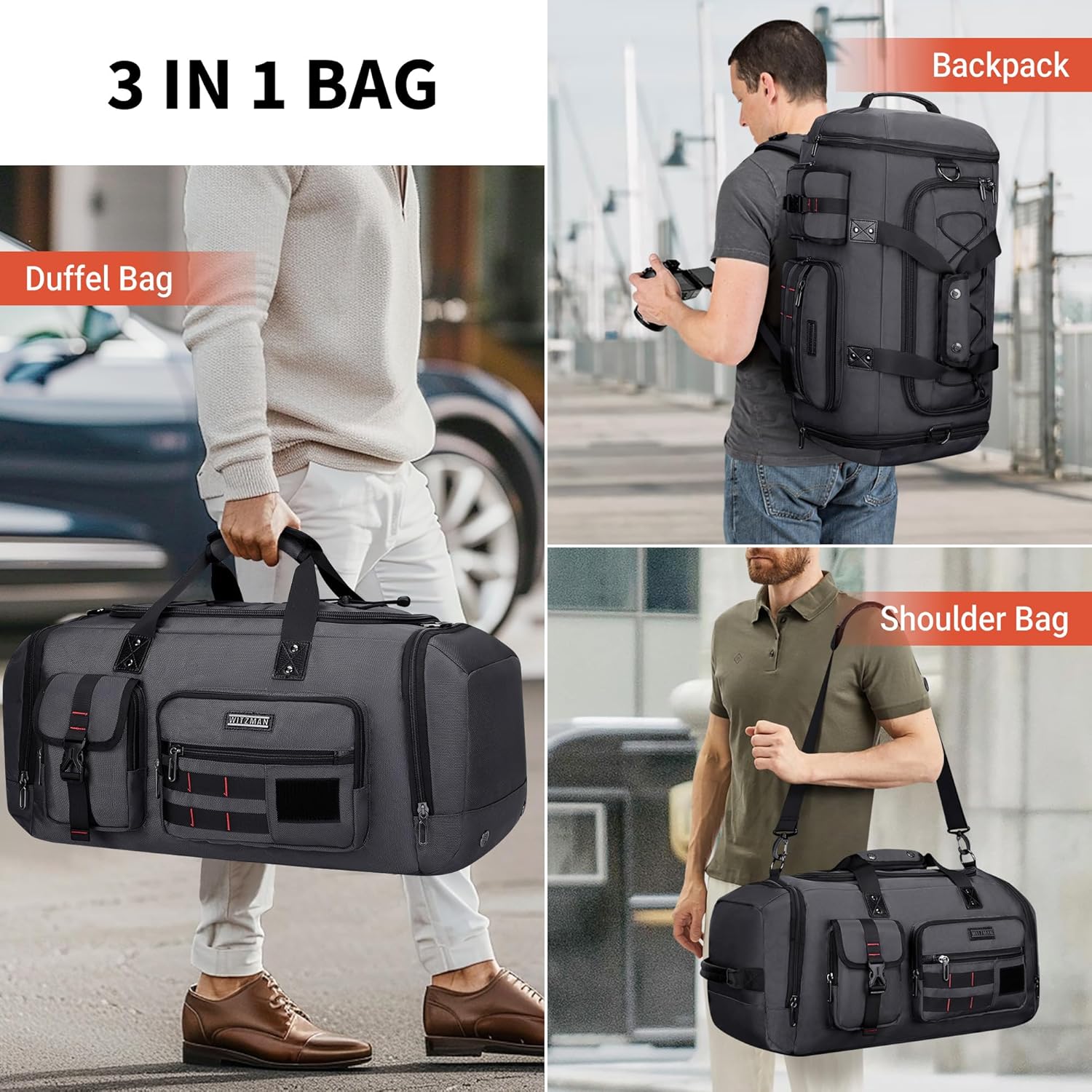 Witzman Travel Bag Herren 45L Sporttasche groß mit Schuhfach Duffle Tasche 3 in 1 Reise -Fitness -Trainingstasche Männer Frauen, Silbergrau, Reisetasche – Bild 2