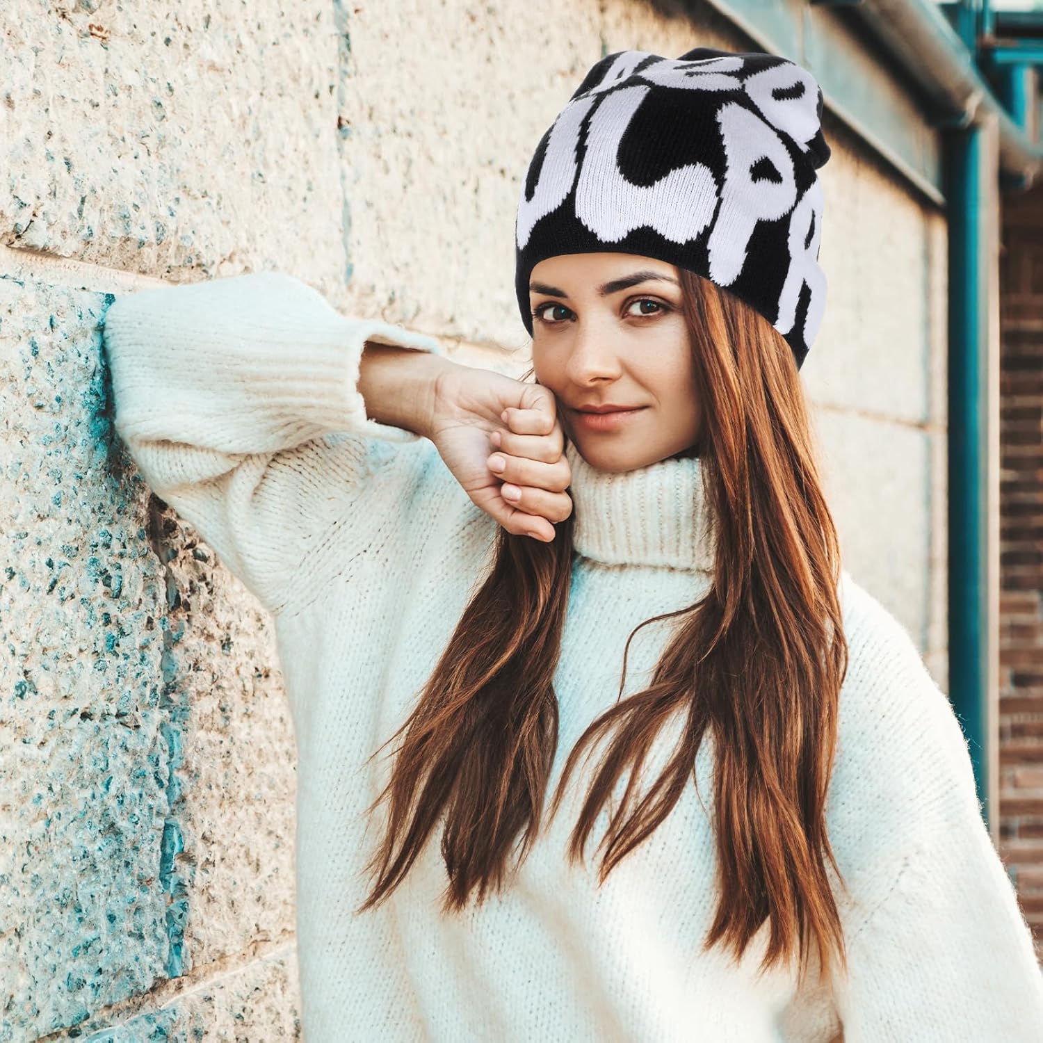 Tyqour y2k beanie y2k hut unisex winterstrick skater beanie hut gestricke hut wotwoll warm gestrickte hut gestricke hut für Männer Frauen Teenager Mädchen, Schwarz – Bild 2