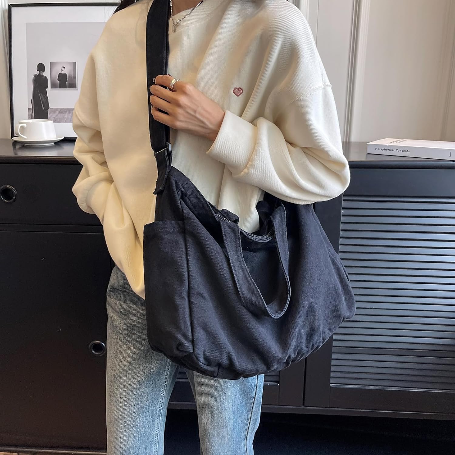 X Sim Fitnessx Unisex Umhängetasche / Umhängetasche Kabelbeutel Handtasche Leinwand Bag Damen Käufer Tasche Mode Stofftasche für jeden Tag / Büro / Schule / Reise, Schwarz, Retro – Bild 6