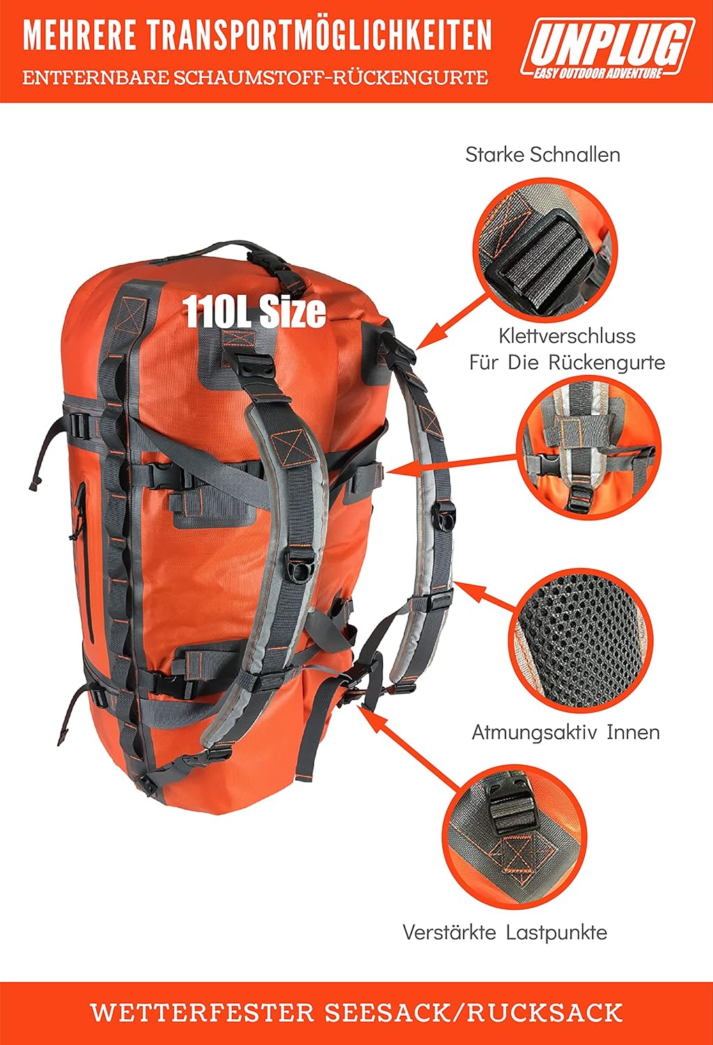Unplug Ultimate Adventure Bag, wasserdichte Reisetasche Rucksack, 1680d Heavy Duffel Bag wasserdicht für Camping, Motorrad, wasserdicht – Bild 4