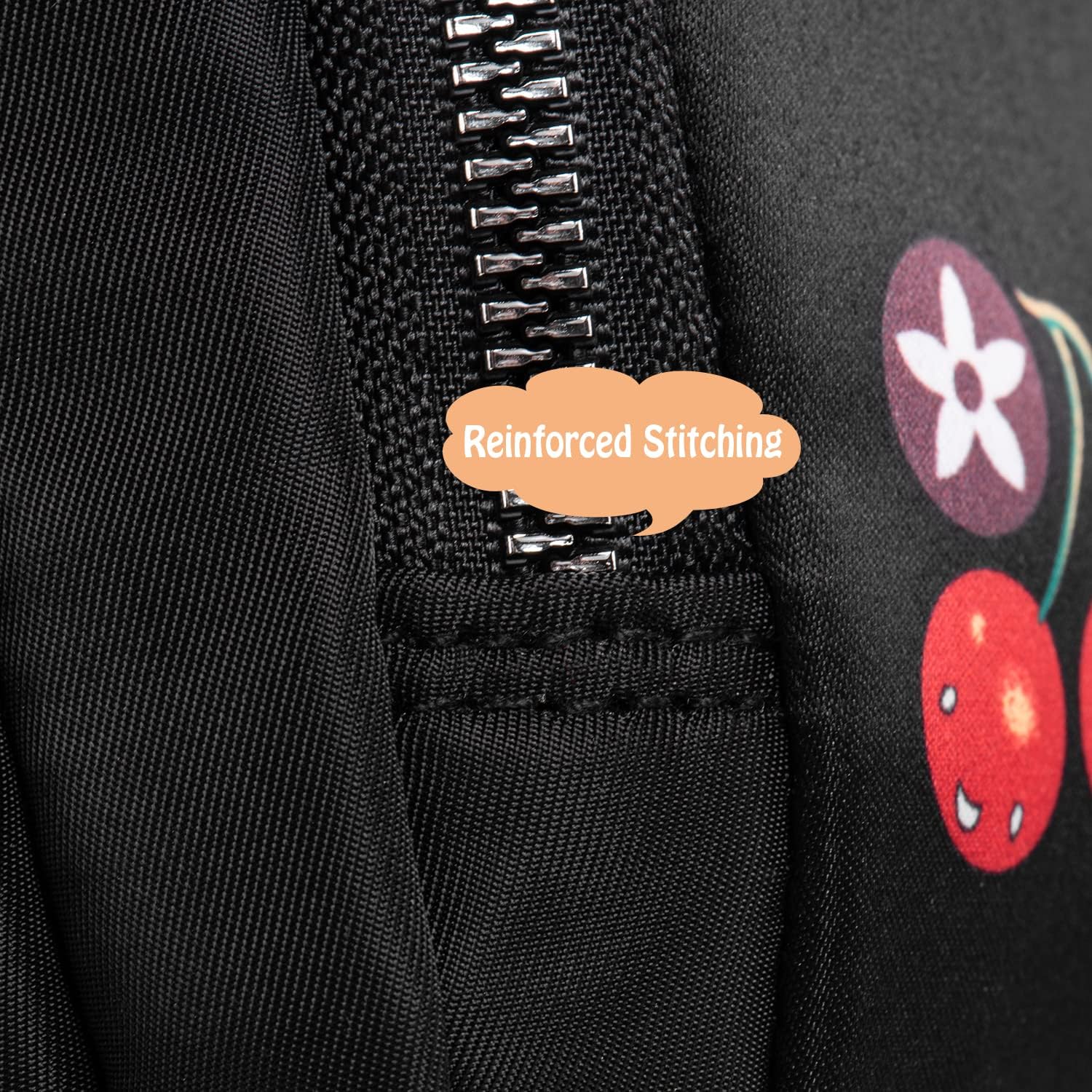 Frauen Mädchen kleiner Umhängetaschen Stofftasche Mobilfunkkoffer zum Aufhängen mit süßem Muster, 3 Fächern und langem Riemen, schwarz mit Kirsche, minimal – Bild 5