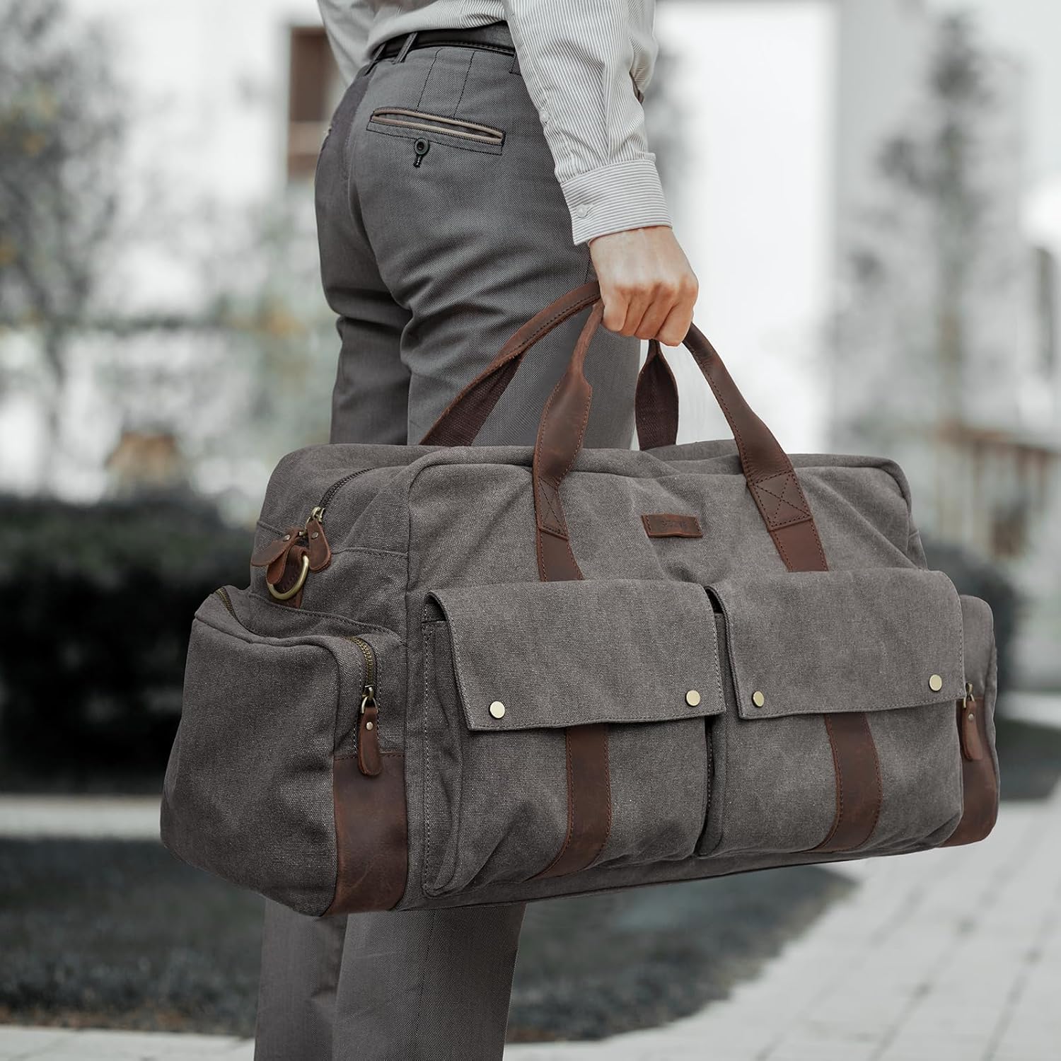 S-Zone Unisex 56L Reisetasche Vintage Leinwand Lederverkleidung über Nacht Weekender Bag Duffle Bag Handgepäck Sporttasche für Reisebühne am Wochenende Urlaub – Bild 3