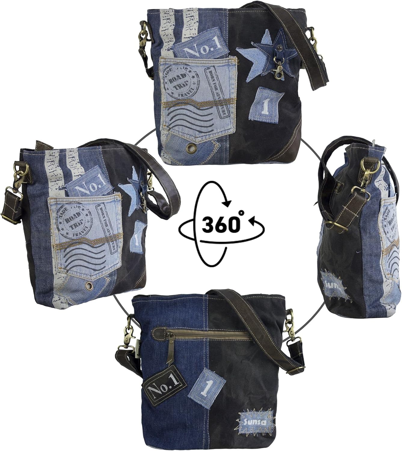 Sunsa Frauentasche nachhaltige Umhängetasche Handtasche aus recycelten Jeans, Leinwand und Lederumhängetasche Frauenbeutel im Vintage -Stil Crossover -Tasche mit Stern, Jeans Farbe, Retro – Bild 2