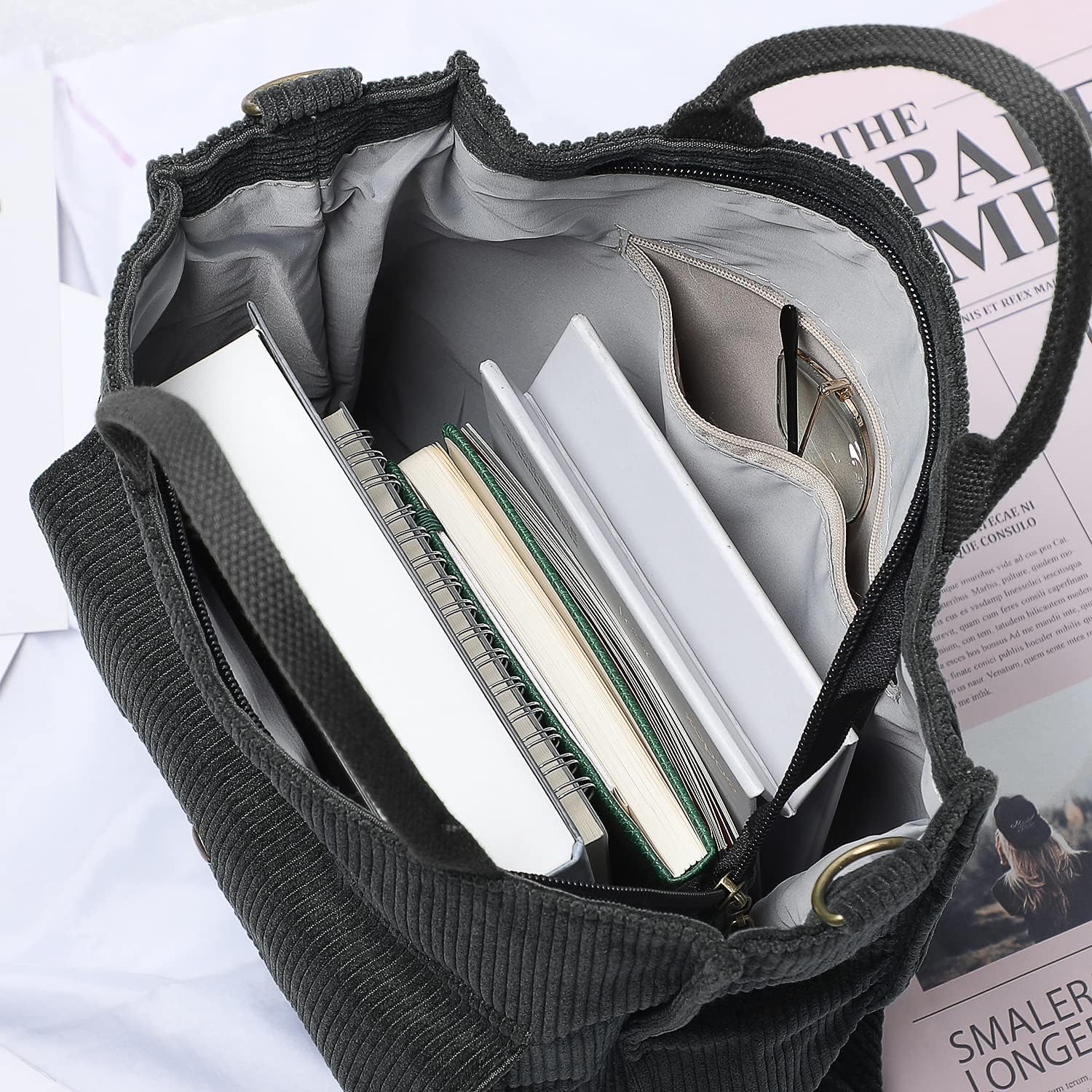 Dencycle Damen -Umhängetasche, große Cord -Einkaufstasche, lässige Handtasche, Einkaufstasche, Mode -Umhängetasche mit Reißverschluss und Tasche, Crossbody -Tasche für jeden Tag, Büro, Schulreise und Einkaufen, Schwarz, schwarz, – Bild 6