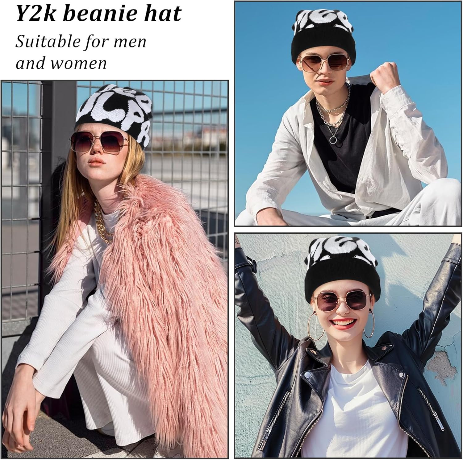 Tyqour y2k beanie y2k hut unisex winterstrick skater beanie hut gestricke hut wotwoll warm gestrickte hut gestricke hut für Männer Frauen Teenager Mädchen, Schwarz – Bild 3