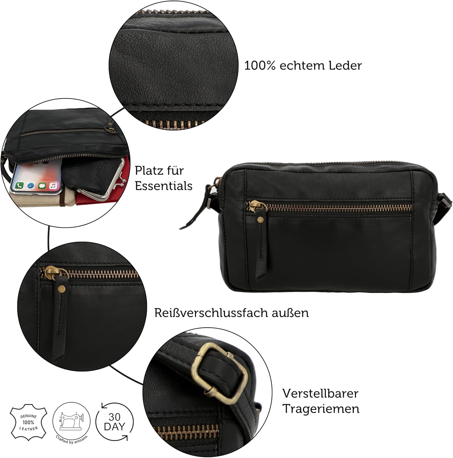 Gusti Dominic Damen Leder Umhängetasche Party Bag Festival Tasche Vintage Schwarzes Leder, schwarz – Bild 2