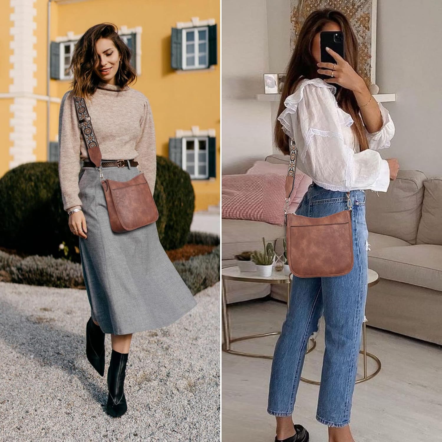 Bostanten Frauen kleiner Polyurethan (PU) Lederhandtasche, Kreuzkörper/Umhängetasche mit verstellbarem, farbigem Riemen – Bild 2