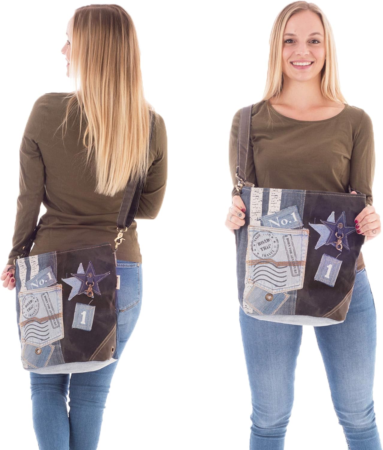 Sunsa Frauentasche nachhaltige Umhängetasche Handtasche aus recycelten Jeans, Leinwand und Lederumhängetasche Frauenbeutel im Vintage -Stil Crossover -Tasche mit Stern, Jeans Farbe, Retro – Bild 5